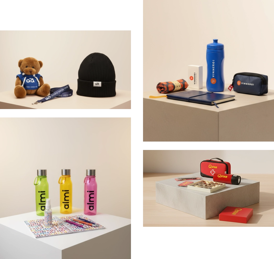 En kollage av f&ouml;retagsrelaterade reklammaterial, inklusive m&auml;rkesvattenflaskor, kl&auml;der (m&ouml;ssa), leksaker (nallbj&ouml;rn), kontorsmaterial och s&auml;kerhetsutrustning (f&ouml;rsta hj&auml;lpen-kit).